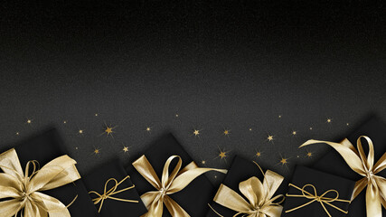 merry christmas or black friday concept, black gift box with shiny golden ribbon bow isolated on sparkle background with stars, greeting card ticket top view, template, banner or label for shopping