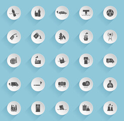 pollution vector icons on round puffy paper circles with transparent shadows on blue background. pollution stock vector icons for web, mobile and user interface design