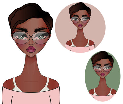 Cute and casual African American ethnic student girl with reading glasses and light pink top. Girl avatar illustration clipart isolated on transparent background.	