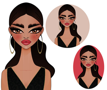 Exotic Latina girl with long dark hair wearing glitter hoop earrings and gold-lined black lace dress. Girl avatar illustration clipart isolated on transparent background.	