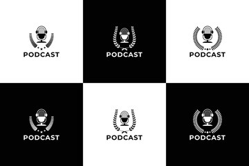 set of podcast logo. microphone with wreath combine. podcast badge template.