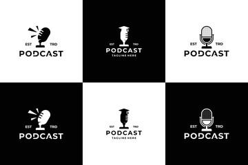 Fototapeta na wymiar Set of Radio emblems. Podcast logo, broadcast and studio badges with vintage microphones.