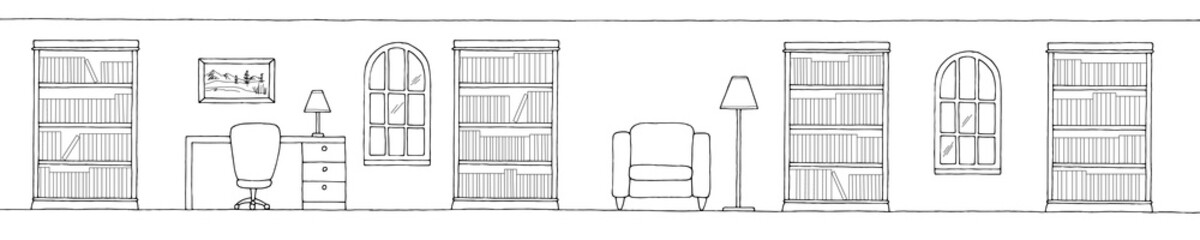 Library interior graphic black white long sketch illustration vector 