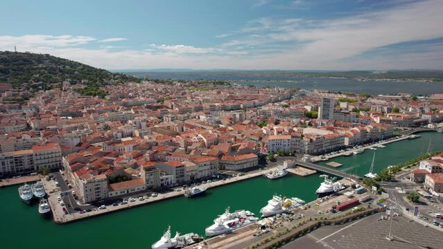 The drone aerial view of the old town center of Sete in the South of France. Sète (Seta in Occitan) is a city in Languedoc-Roussillon in southern France.