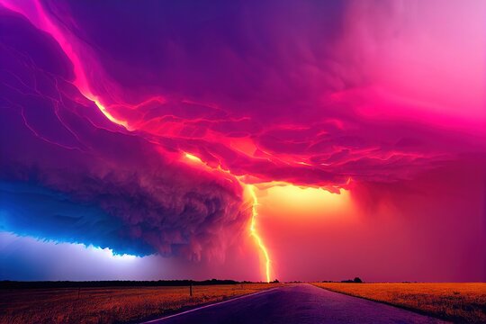Powerful supercell thunderstorm looms over highway on plains. Huge storm with dramatic clouds over road at sunset. Neon light natural disaster landscape with hurricane violence