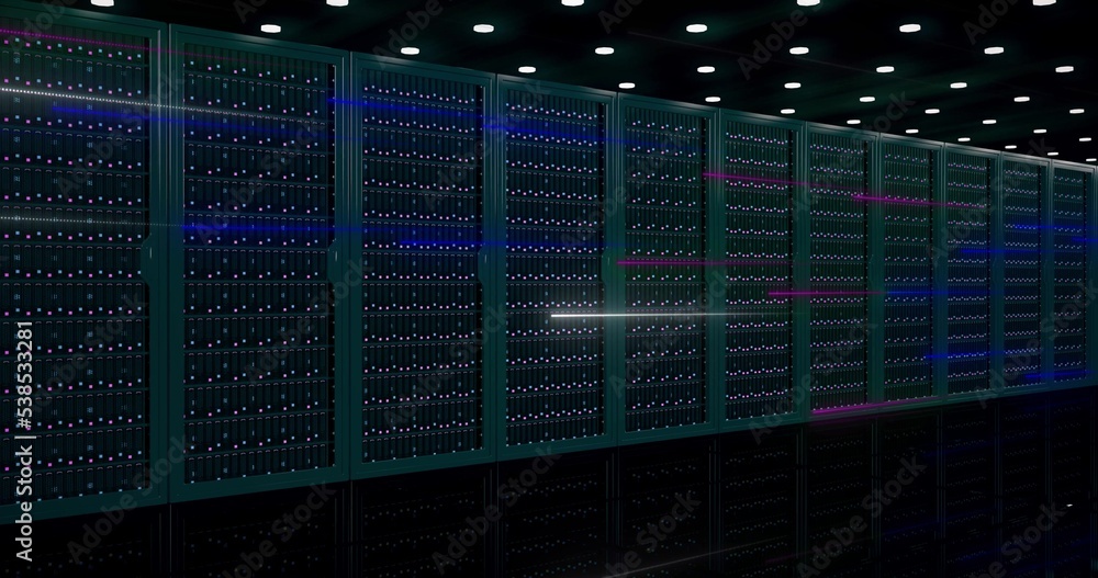 Poster digital information travels through fiber optic cables through the network and data servers behind g