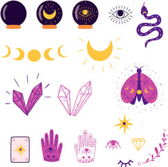 PNG, transparent, Magic set. Alchemy set. Mystic set Witch elements Doodle mysterious symbols. Ball divination, hands, moon, crystals, snake forune teller cards, eyes, butterfly, cute magic element.