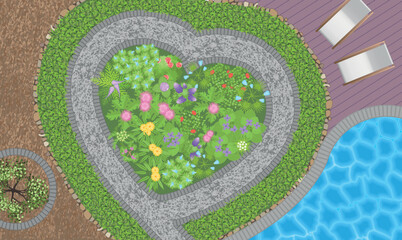 Landscape design in the shape of a heart. Landscaping in the garden with a path and a swimming pool. Top view. Modern contemporary luxurious garden design. View from above.