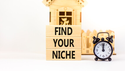 Find your niche symbol. Concept words Find your niche on wooden blocks. Black alarm clock....