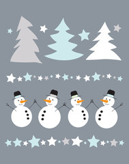 Christmas vector Snowman and dancing Christmas trees among the stars