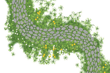 Landscape design. Stone pavement with grass. Top view. Walkway landscape with stone path, paving flagstone. View from above.