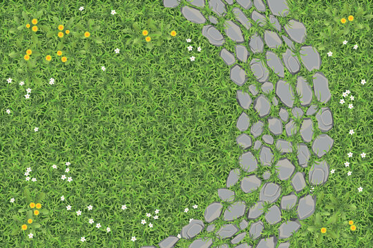 Landscape Design. Stone Pavement With Grass. Top View. Walkway Landscape With Stone Path, Paving Flagstone. View From Above.