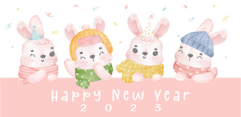 cute new year pink bunny in winter scarf party watercolour illustration vector hand drawing, Happy New year 2023