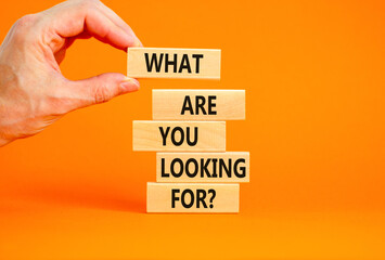 What are you looking for symbol. Concept words What are you looking for on wooden blocks. Businessman hand. Beautiful orange background. Business what are you looking for concept. Copy space.