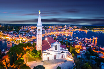 Town of Rovinj historic church and architecture evening view