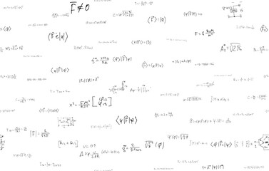 Formulas of astrophysics, quantum mechanics, radio circuits. Scientific, educational background on white. Hand drawn.