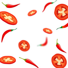 Tomato slice with red chili peppers background.