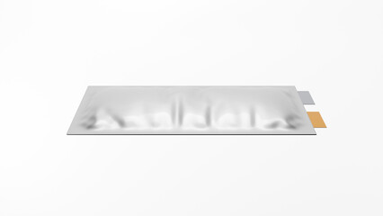 The cell of a lithium polymer battery is swollen due to degradation or misuse. Isolated on white background. 3d render.
