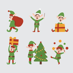 collection of christmas green costume elves isolated on white background. funny and joyful santa helper sending holiday gift and decoration christmas tree. vector illustration