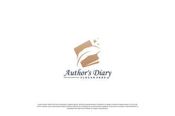 Golden diary book and quill pen logo design.