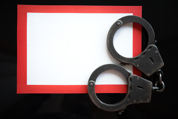 A blank form with a red frame for the ad. Metal handcuffs of a policeman on a white sheet of paper. Arrest of suspects. The announcement of the wanted criminal.