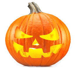 Carved pumpkin for Halloween jack-o'-lanterns with scary smiles and burning candle inside isolated on white background.