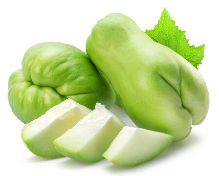 Chayote fruits and chayote slices isolated on white background.