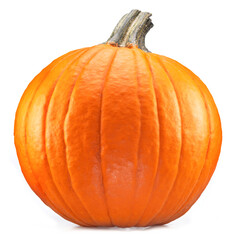 Orange round pumpkin, symbol of Halloween isolated on white background.