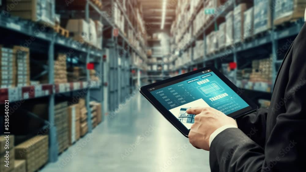 Poster warehouse management deft software in computer for real time monitoring of goods package delivery . 