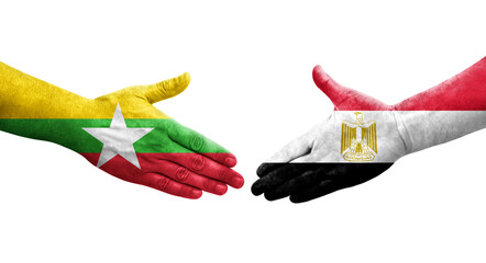 Handshake between Egypt and Myanmar flags painted on hands, isolated transparent image.