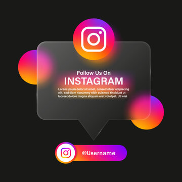 follow us on instagram in speech bubble glassmorphism background with transparent glass . instagram logo icon button and blurred gradient circle shapes, social media icons logos. join us on instagram