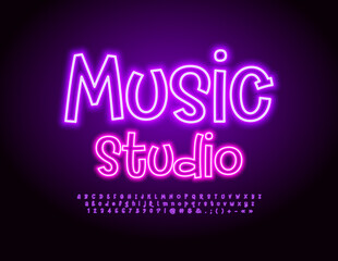 Vector glowing sign Music Studio. Trendy Neon Font. Handwritten Alphabet Letters, Numbers and Symbols set