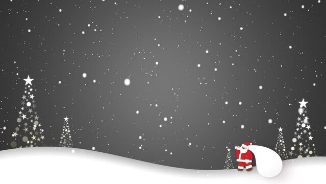 雪が舞う中をサンタクロースが歩く映像に、メリークリスマスの文字が浮かび上がる（ループ映像）