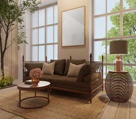Mock up poster frame in minimal interior living room background, Scandinavian and boho style,3d rendering