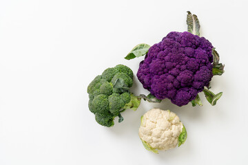 Different cauliflower cabbage on white background. Top view. High resolution product