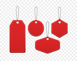Red blank tags, labels or badges are isolated on white background. Different shape curved ribbons
