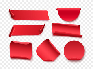 Red blank tags, labels or badges are isolated on white background. Different shape curved ribbons - 538542407