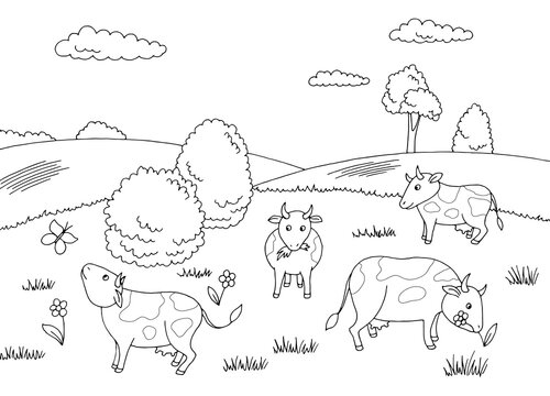 Funny cow feeding grass on the hill graphic black white sketch illustration vector