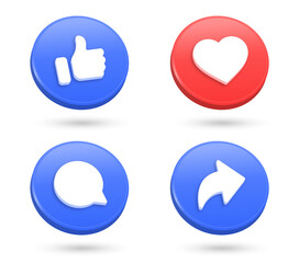 3d social media notification icons, Like love comment share buttons in 3d modern style, Thumb up and heart icon. like, forward, comment repost icon - obrazy, fototapety, plakaty