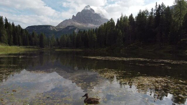 Antorno Lake and Tre Cime di Lavaredo Peaks Reflection in Italian Dolomites