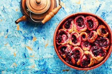 Cottage cheese pie with berries, space for text