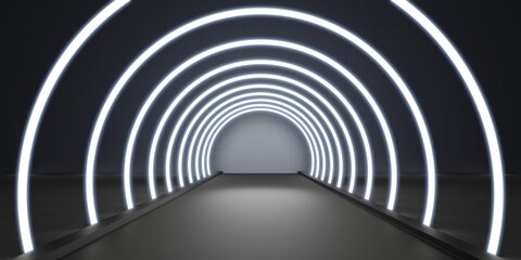 Abstract tunnel corridor with rays of light and new highlights Abstract  background neon Scene with rays and lines Round arch light in motion night 3D illustration