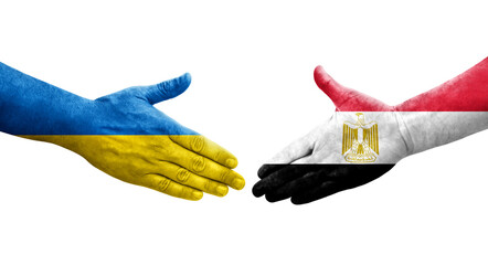 Handshake between Egypt and Ukraine flags painted on hands, isolated transparent image.