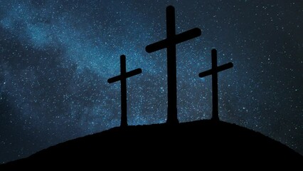  Three crosses on top af hill in Silhouettet, Time Lapse by Night with Stars and Milky Way in Background - Powered by Adobe
