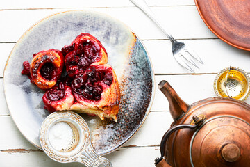 Baked curd pie stuffed with cherries. - Powered by Adobe