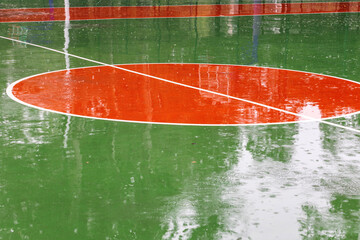 A basketball court in the rain