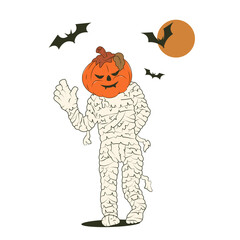 Cartoon mummy with pumpkin head waving. Bats fly against the backdrop of the full moon. Halloween holiday concept. Stock vector illustration of halloween mummy. Isolated white background.