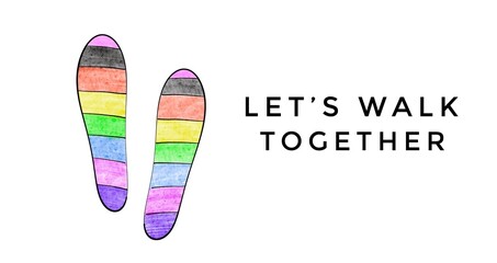 Hand drawing of slippers in rainbow colors with texts ‘Let’s walk together in pride month’, concept for calling all people to attend lgbtq+ celebrations event in pride month all over the world.