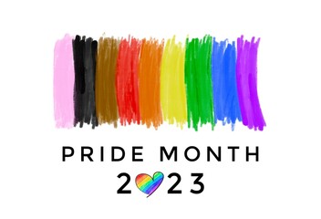 Hand drawing of flag in rainbow colors with texts 'Pride month 2023’, concept for calling all people to attend lgbtq+ celebrations event in pride month all over the world.