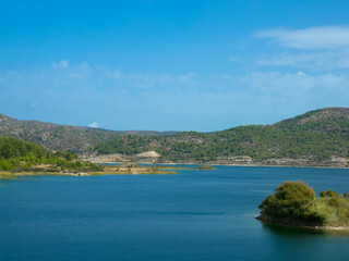 Panoramic view of Gadouras Dam. Solving the important and crucial water supply problems.
Near the villages of Lardos and Laerma in the southern part of the island. Rhodes, Greece.